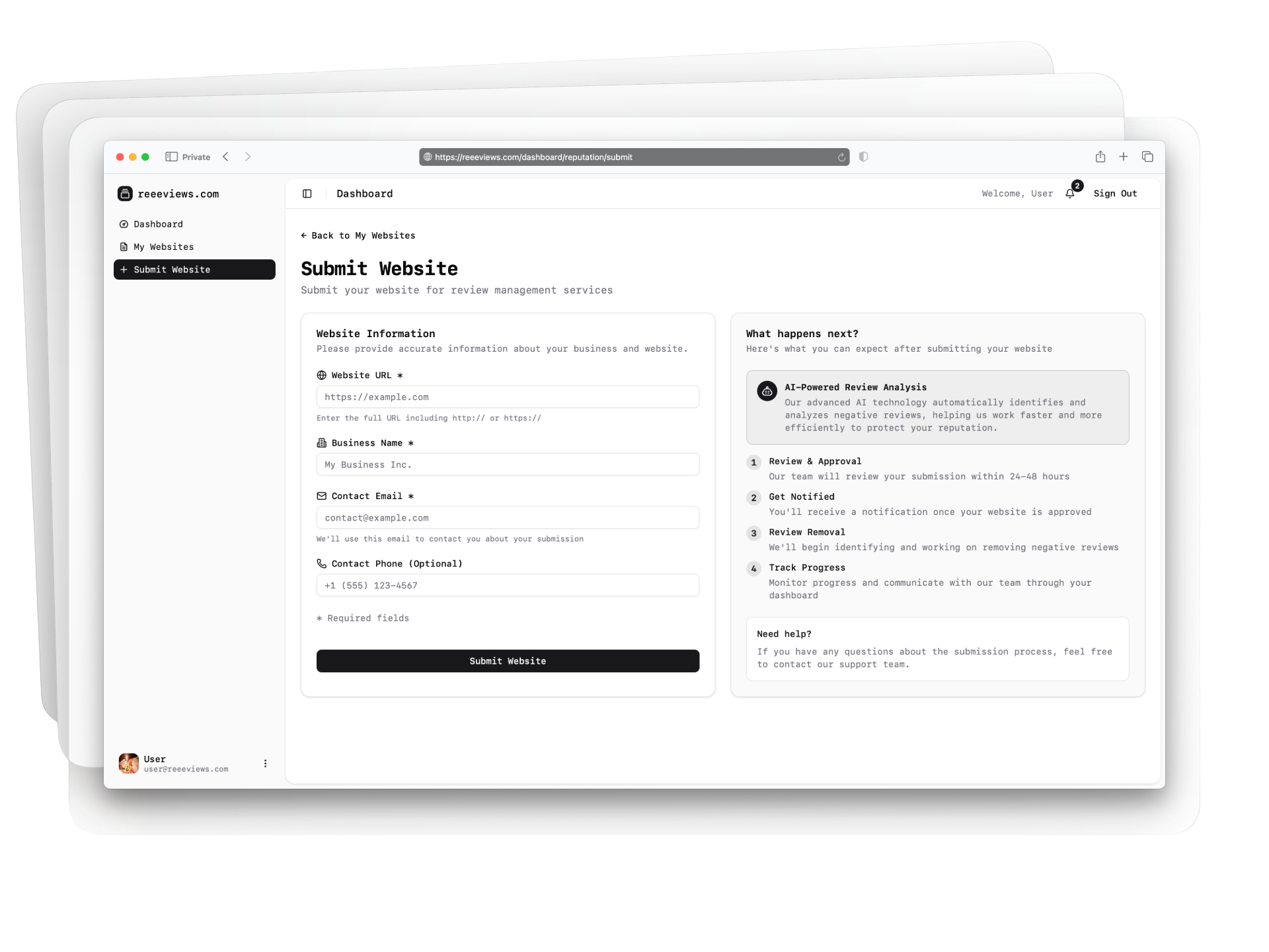 Reputation Management Dashboard - Track review removal requests and communicate with experts